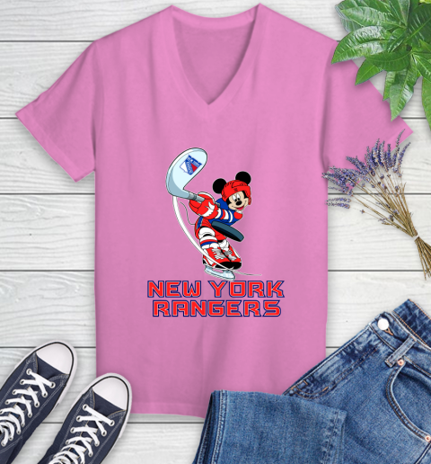 NHL Hockey New York Rangers Cheerful Mickey Mouse Shirt Women's V-Neck T-Shirt 12