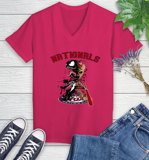 MLB Washington Nationals Baseball Venom Groot Guardians Of The Galaxy Women's V-Neck T-Shirt 9