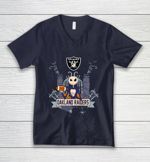 NFL Oakland Raiders Football Jack Skellington Halloween V-Neck T-Shirt 2