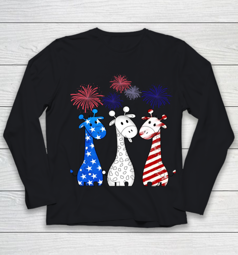 Independence Day 4th Of July Cute Patriotic Giraffe with American Flag Youth Long Sleeve