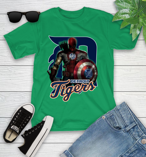MLB Captain America Thor Spider Man Hawkeye Avengers Endgame Baseball Detroit Tigers Youth T-Shirt 6