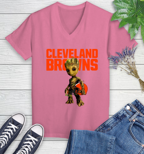 Cleveland Browns NFL Football Groot Marvel Guardians Of The Galaxy Women's V-Neck T-Shirt 13