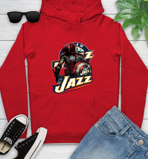 Utah Jazz NBA Basketball Captain America Thor Spider Man Hawkeye Avengers Youth Hoodie 11