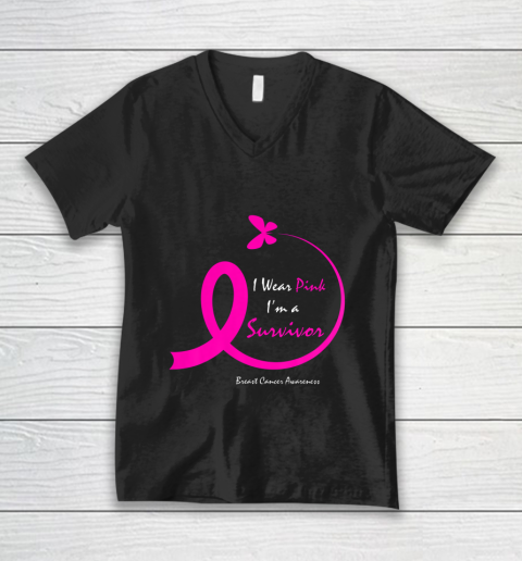 Womens Butterfly I Wear Pink I m A Survivor Breast Cancer Awareness V-Neck T-Shirt