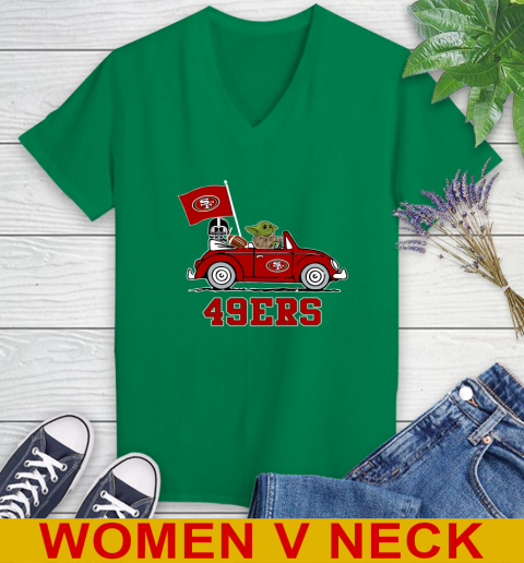 NFL Football San Francisco 49ers Darth Vader Baby Yoda Driving Star Wars Shirt Women's V-Neck T-Shirt 6