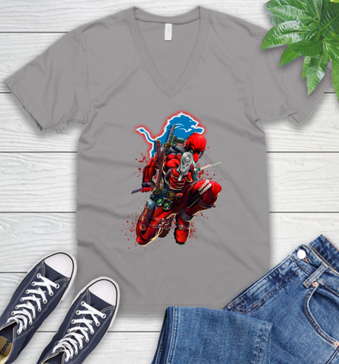 NFL Deadpool Marvel Comics Sports Football Detroit Lions V-Neck T-Shirt 4