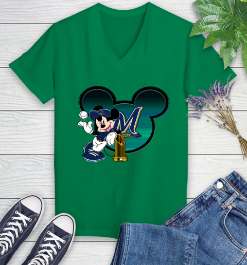 MLB Milwaukee Brewers The Commissioner's Trophy Mickey Mouse Disney Women's V-Neck T-Shirt 5