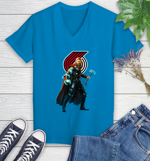 NBA Thor Avengers Endgame Basketball Portland Trail Blazers Women's V-Neck T-Shirt 7