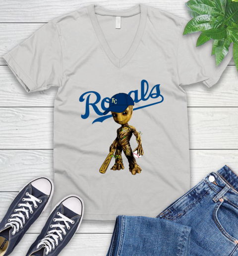 MLB Kansas City Royals Groot Guardians Of The Galaxy Baseball V-Neck T-Shirt