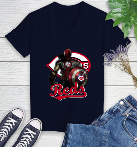 MLB Captain America Thor Spider Man Hawkeye Avengers Endgame Baseball Cincinnati Reds Women's V-Neck T-Shirt 3