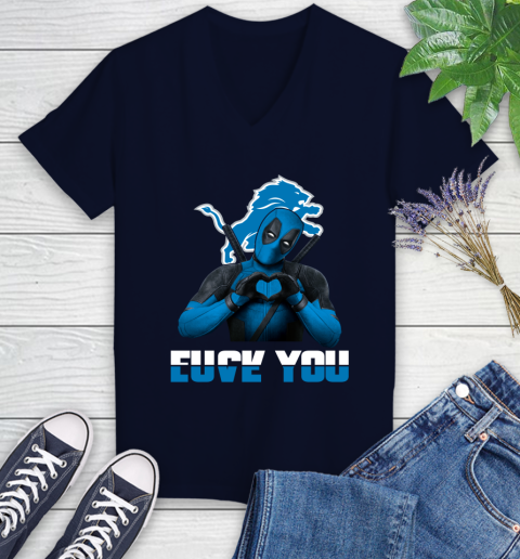 NHL Detroit Lions Deadpool Love You Fuck You Football Sports Women's V-Neck T-Shirt 2