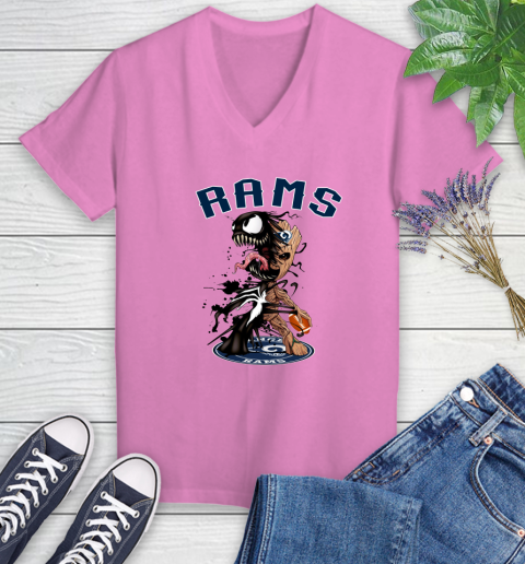 NFL Los Angeles Rams Football Venom Groot Guardians Of The Galaxy Women's V-Neck T-Shirt 14