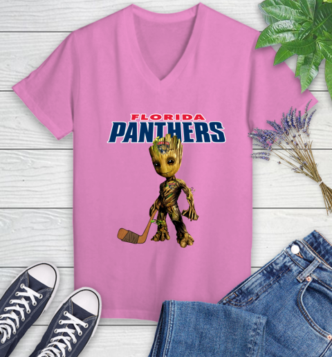 Florida Panthers NHL Hockey Groot Marvel Guardians Of The Galaxy Women's V-Neck T-Shirt 14