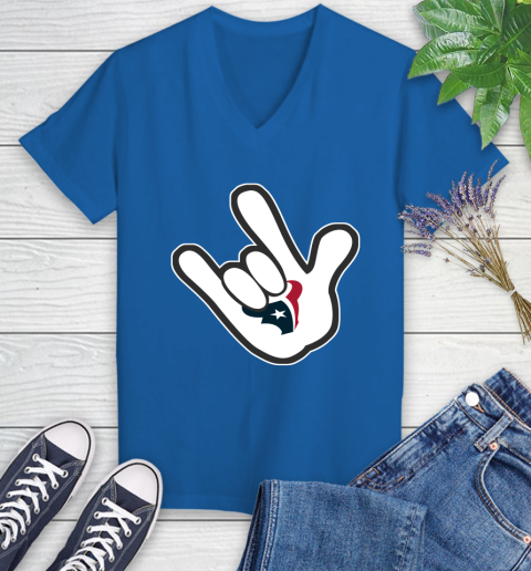Houston Texans NFL Football Mickey Rock Hand Disney Women's V-Neck T-Shirt 10