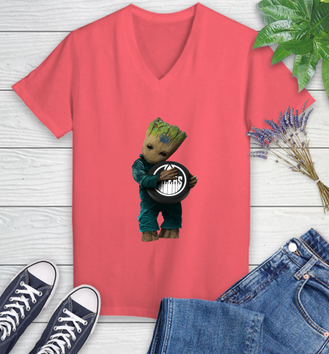 NHL Groot Guardians Of The Galaxy Hockey Sports Edmonton Oilers Women's V-Neck T-Shirt 6