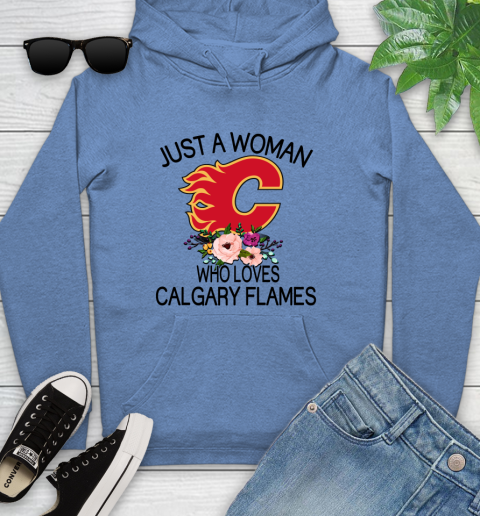 NHL Just A Woman Who Loves Calgary Flames Hockey Sports Youth Hoodie 8