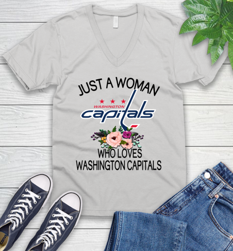 NHL Just A Woman Who Loves Washington Capitals Hockey Sports V-Neck T-Shirt