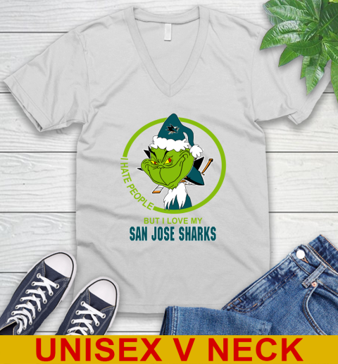 San Jose Sharks NHL Christmas Grinch I Hate People But I Love My Favorite Hockey Team V-Neck T-Shirt