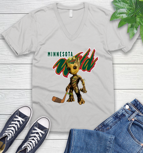 Minnesota Wild NHL Hockey Groot Marvel Guardians Of The Galaxy V-Neck T-Shirt