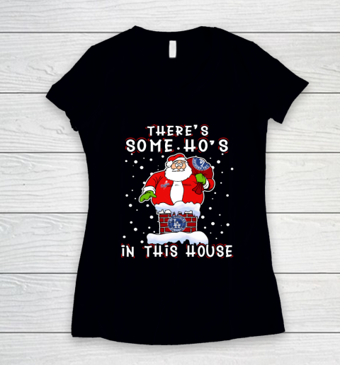 Los Angeles Dodgers Christmas There Is Some Hos In This House Santa Stuck In The Chimney MLB Women's V-Neck T-Shirt