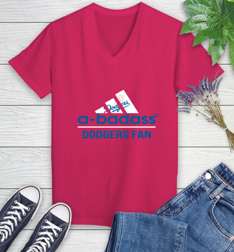 MLB A Badass Los Angeles Dodgers Fan Adidas Baseball Sports Women's V-Neck T-Shirt 9