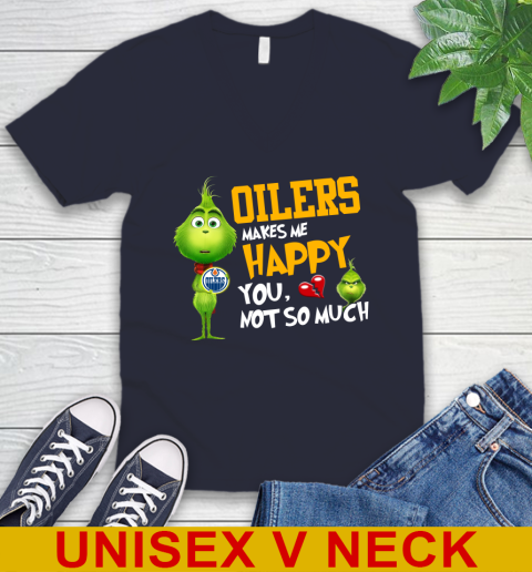 NHL Edmonton Oilers Makes Me Happy You Not So Much Grinch Hockey Sports V-Neck T-Shirt - Image 3