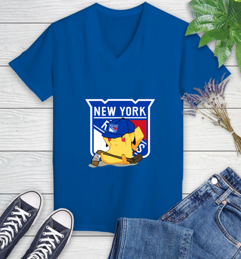 NHL Pikachu Hockey Sports New York Rangers Women's V-Neck T-Shirt 10