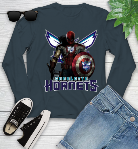 Charlotte Hornets NBA Basketball Captain America Thor Spider Man Hawkeye Avengers Youth Long Sleeve 8