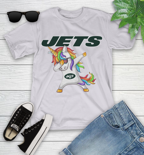 New York Jets NFL Football Funny Unicorn Dabbing Sports Youth T-Shirt 4