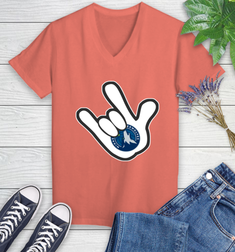 Minnesota Timberwolves NBA Basketball Mickey Rock Hand Disney Women's V-Neck T-Shirt 6