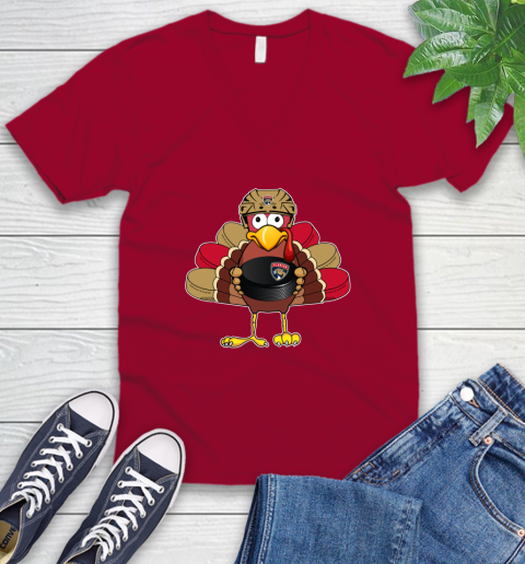 Florida Panthers Turkey Thanksgiving Day V-Neck T-Shirt 8