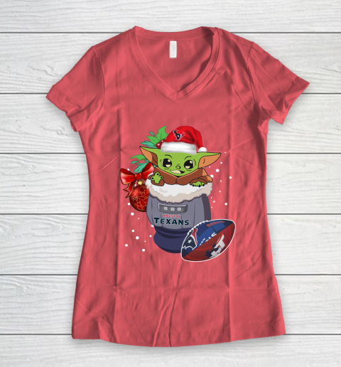 Houston Texans Christmas Baby Yoda Star Wars Funny Happy NFL Women's V-Neck T-Shirt 6