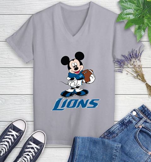 NFL Football Detroit Lions Cheerful Mickey Mouse Shirt Women's V-Neck T-Shirt 4