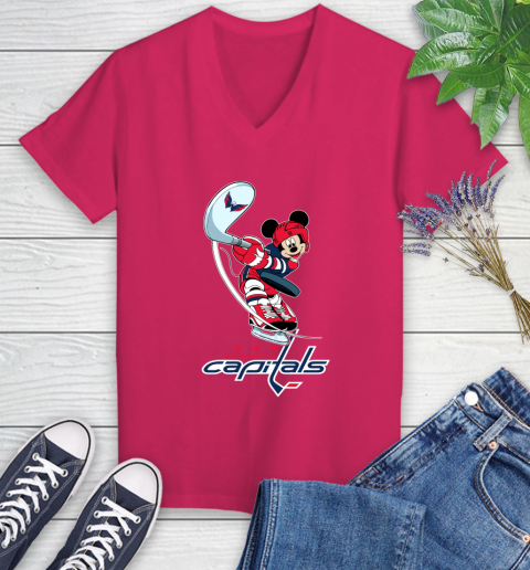 NHL Hockey Washington Capitals Cheerful Mickey Mouse Shirt Women's V-Neck T-Shirt 8