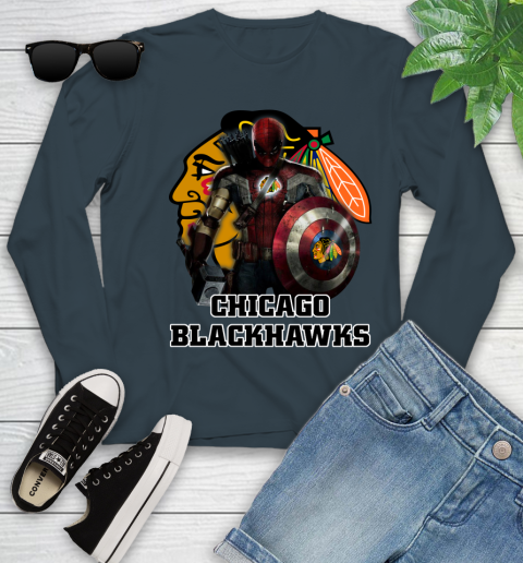 NHL Captain America Thor Spider Man Hawkeye Avengers Endgame Hockey Chicago Blackhawks Youth Long Sleeve 8