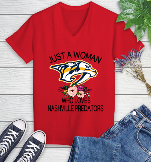 NHL Just A Woman Who Loves Nashville Predators Hockey Sports Women's V-Neck T-Shirt 7