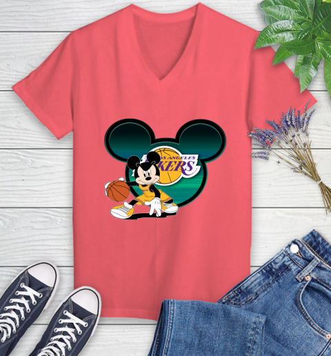 NBA Los Angeles Lakers Mickey Mouse Disney Basketball Women's V-Neck T-Shirt 7 NBA Los Angeles Lakers Mickey Mouse Disney Basketball Women's V-Neck T-Shirt - Image 7