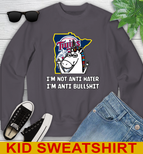 Minnesota Twins MLB Baseball Unicorn I'm Not Anti Hater I'm Anti Bullshit Youth Sweatshirt 6