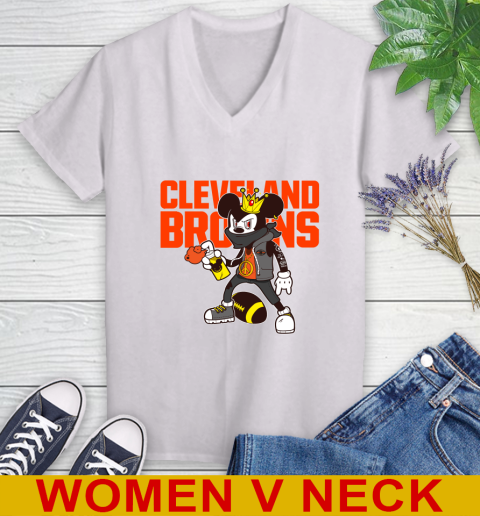 Cleveland Browns NFL Football Mickey Peace Sign Sports Women's V-Neck T-Shirt