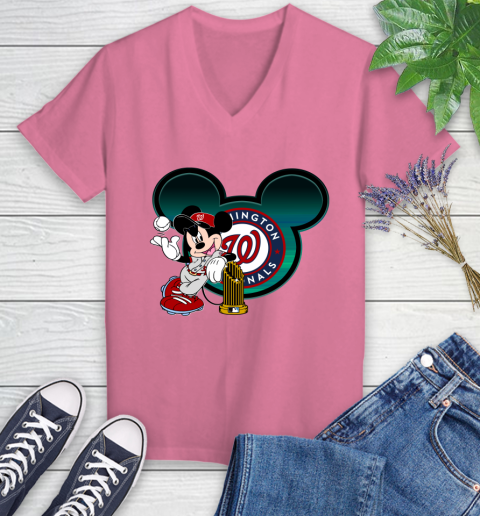 MLB Washington Nationals The Commissioner's Trophy Mickey Mouse Disney Women's V-Neck T-Shirt 13