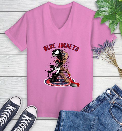 NHL Columbus Blue Jackets Hockey Venom Groot Guardians Of The Galaxy Women's V-Neck T-Shirt 14