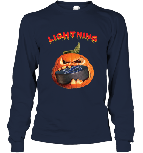 NHL Tampa Bay Lightning Halloween Pumpkin Hockey Sports 6mNRNnOkq5I long sleeve tee 14 95 151514 front navy