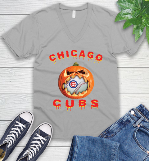 MLB Chicago Cubs Halloween Pumpkin Baseball Sports V-Neck T-Shirt 4