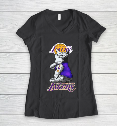 NBA Basketball My Cat Loves Los Angeles Lakers Women's V-Neck T-Shirt 6