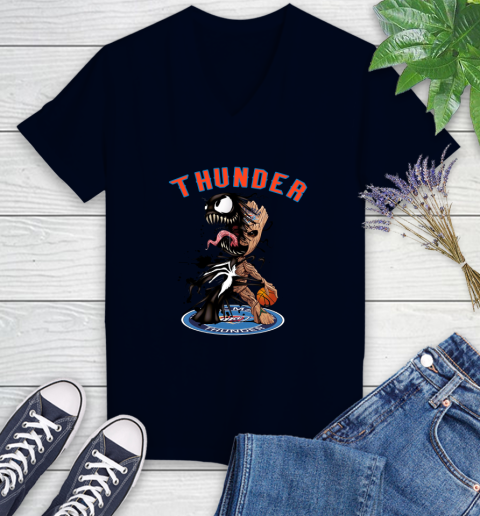 NBA Oklahoma City Thunder Basketball Venom Groot Guardians Of The Galaxy Women's V-Neck T-Shirt 3