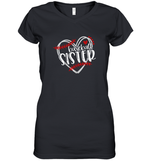 Womens Girls Baseball Sister Heart Shirt Distressed Design Women's V-Neck T-Shirt