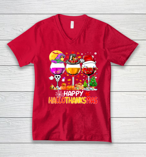 Halloween Thanksgiving Christmas Happy Hallothanksmas Wine V-Neck T-Shirt 5