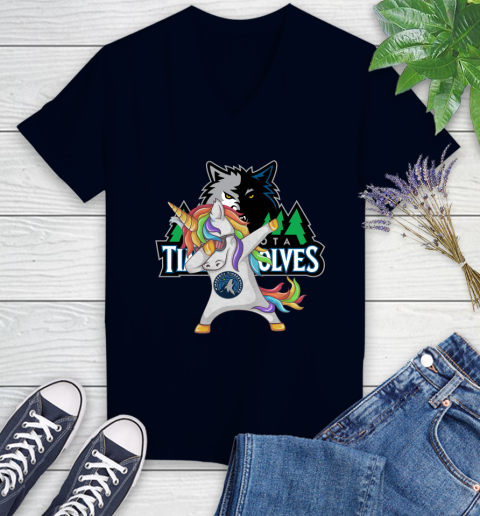 Minnesota Timberwolves NBA Basketball Funny Unicorn Dabbing Sports Women's V-Neck T-Shirt 3