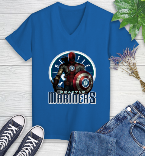 MLB Captain America Thor Spider Man Hawkeye Avengers Endgame Baseball Seattle Mariners Women's V-Neck T-Shirt 10