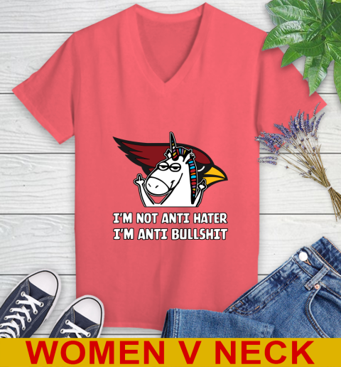 Arizona Cardinals NFL Football Unicorn I'm Not Anti Hater I'm Anti Bullshit Women's V-Neck T-Shirt 7